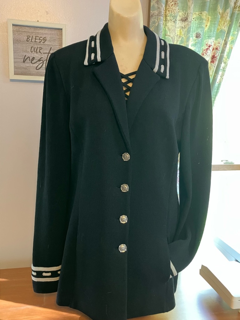 St. John Black Blazer with Silver Trim and Decorative Buttons